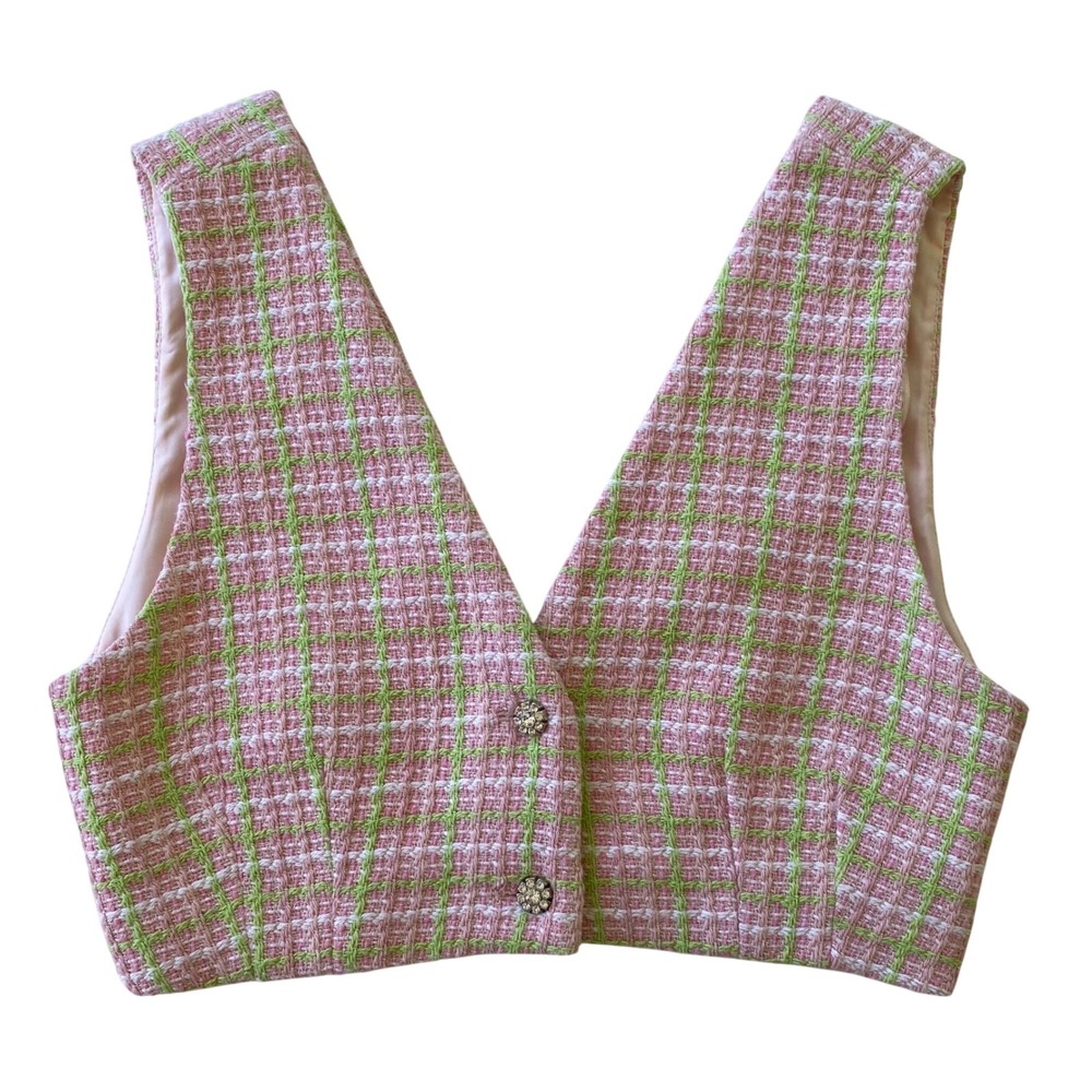 Zara Tweed Crop Vest Women Medium Pink Green Plaid Barbiecore Coquette Preppy